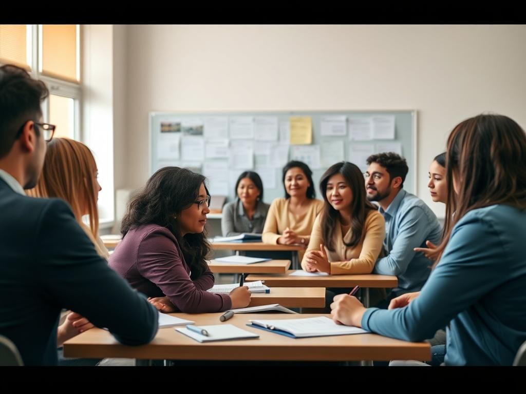 A close-up shot of a classroom setting with a diverse group of students engaged in an interpreter training session. The instructor, an experienced professional, is demonstrating interpreting techniques at the front of the room. The environment is bright and welcoming, with educational materials on display. The focus is on the students actively participating, showcasing a sense of collaboration and learning. The background should have soft, warm colors that complement the primary color rgb(122, 86, 4).