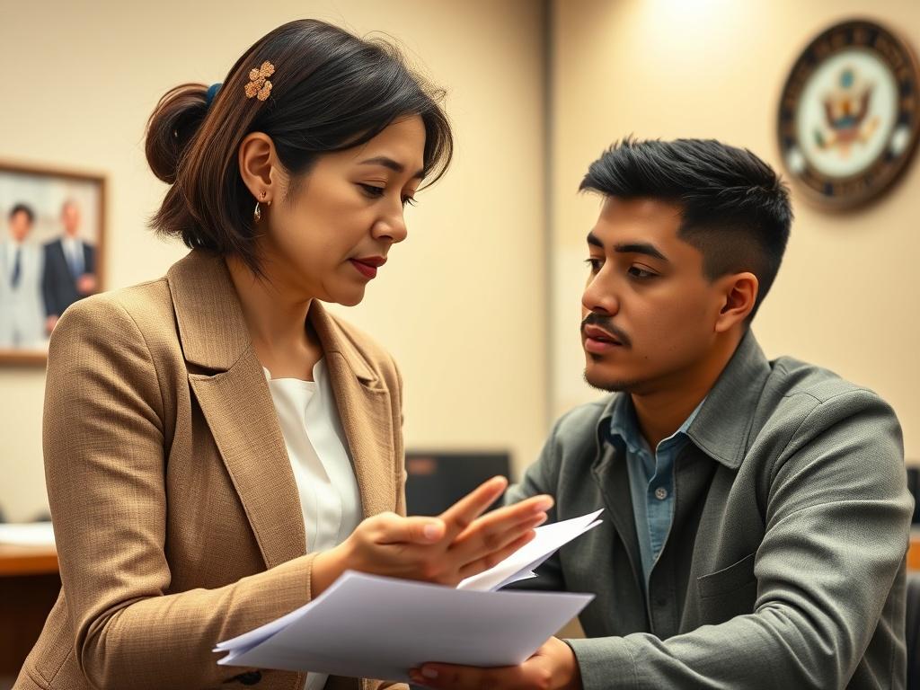 A focused, hyper-realistic close-up of a professional interpreter assisting a client during a USCIS appointment. The interpreter is a middle-aged Asian woman, speaking intently while the client, a young Hispanic man, listens attentively. The background is softly blurred, depicting an official government office scene with a desk and documents. The lighting is warm and inviting, emphasizing the serious yet supportive atmosphere.