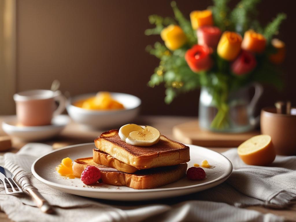 A beautifully plated crispy French toast on a rustic wooden table, garnished with fresh vegetables and cheese, with a warm, inviting kitchen backdrop illuminated by soft golden light.