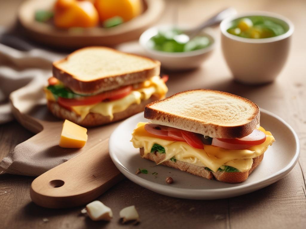 delicious warm sandwich, melted cheese, fresh ingredients, cozy setting