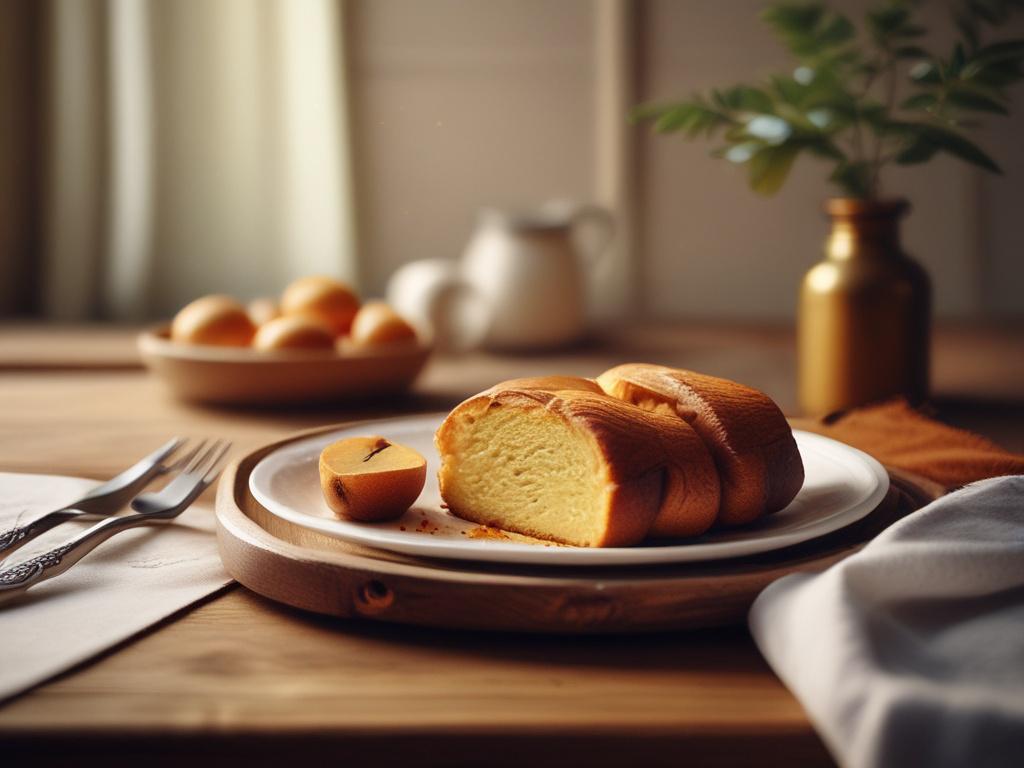 A rustic wooden table with a freshly baked, golden-brown húzott rétes placed on a delicate white plate. The background features soft, warm lighting that enhances the cozy atmosphere, with hints of traditional Hungarian decor. The focus is on the rétes, showcasing its flaky layers and delicious filling, surrounded by subtle hints of the ingredients used.