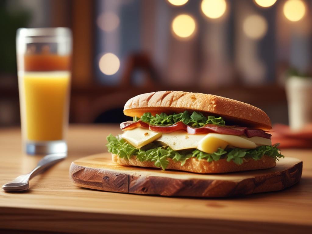 A deliciously melted cheese and crispy bacon warm sandwich on a wooden board, surrounded by fresh herbs. The setting is warm and inviting, with soft golden hues illuminating the scene. The background features a cozy café ambiance, enhancing the comfort food experience.