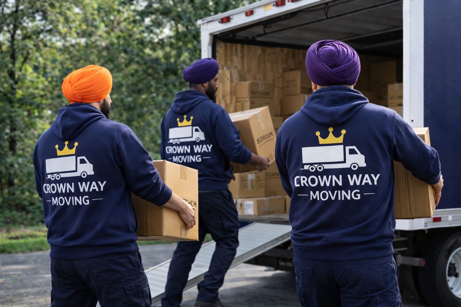 Professional movers carrying boxes