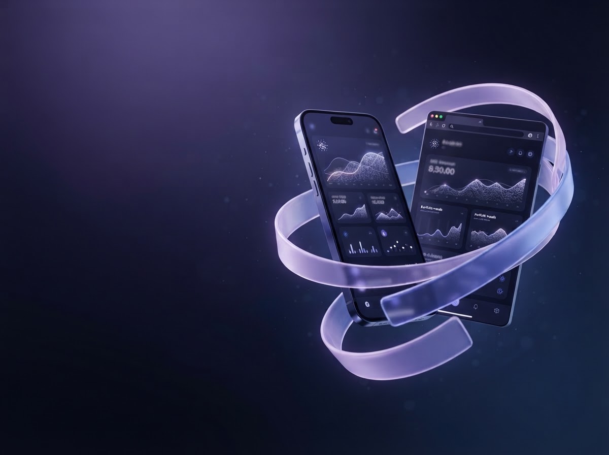 Abstract illustration of a Cardano wallet interface with softly glowing violet accents
