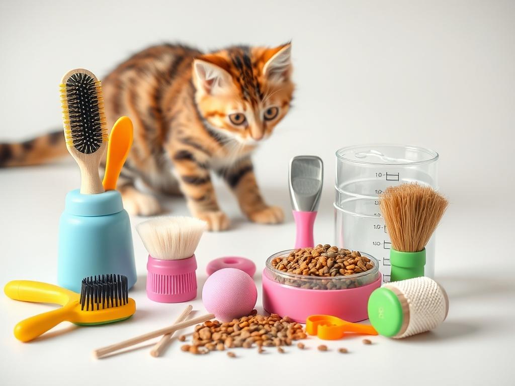 A high resolution showcasing a cat care essentials kit, including