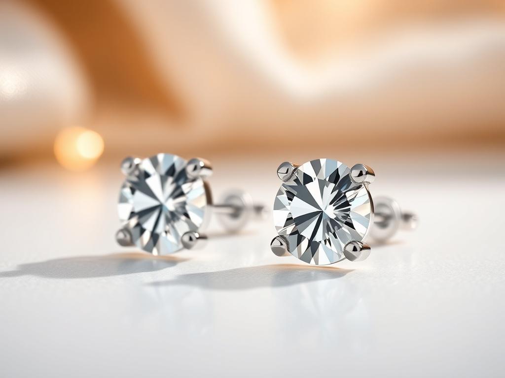 A pair of elegant silver stud earrings featuring sparkling moissanite stones. The earrings are displayed against a soft, inviting background with luxurious lighting that enhances their brilliance. Focus on the earrings, capturing their intricate details and the way they reflect light.