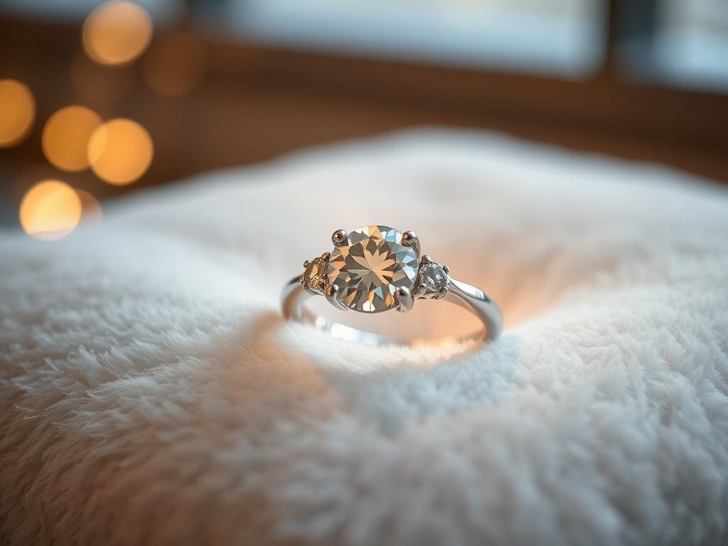 A classic silver ring featuring moissanite accents. The ring is displayed on a soft, plush surface with inviting lighting that brings out the brilliance of the stones. Focus on the ring's craftsmanship and the way it reflects light.