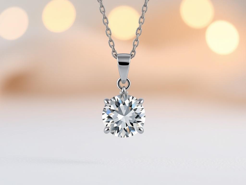 A beautiful silver pendant necklace featuring a sparkling moissanite stone. The necklace is elegantly displayed against a softly lit background that highlights its shine and allure. Focus on the pendant and chain, emphasizing the luxurious quality of the piece.