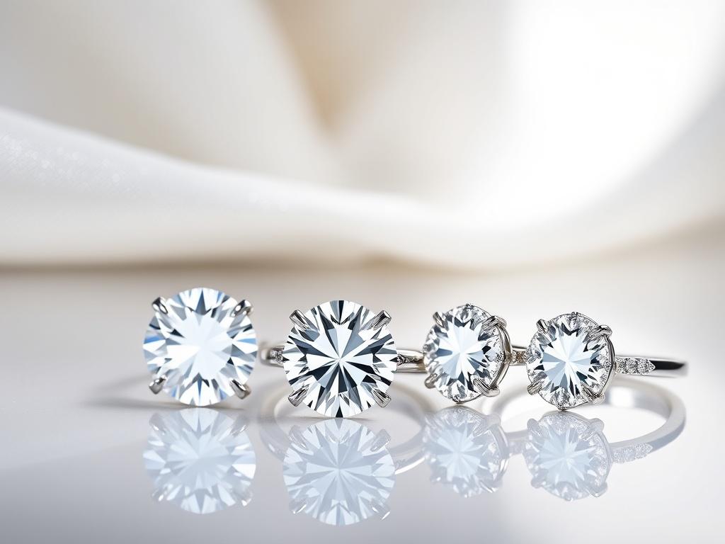 A collection of moissanite earrings and rings displayed on a reflective surface, showcasing their sparkle and brilliance, with soft lighting enhancing their luxurious appearance.