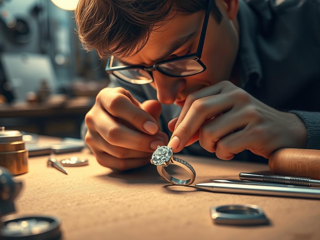 An artisan jeweler carefully repairing a silver ring with moissanite, surrounded by tools and materials, illuminated by warm, inviting lighting in a workshop setting.