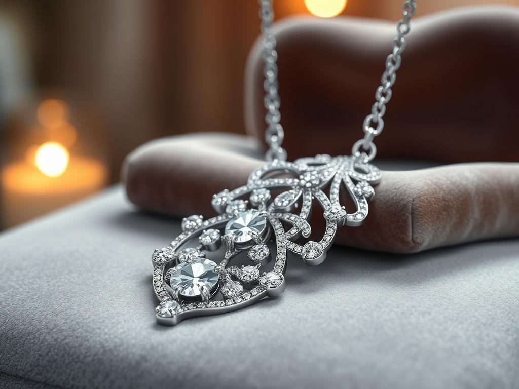 A luxurious silver necklace with intricate design, featuring sparkling moissanite accents, elegantly displayed on a soft velvet surface, with warm inviting lighting creating a sophisticated mood.