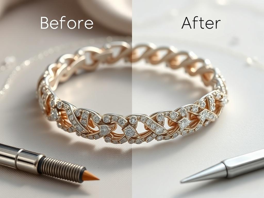 A before-and-after display of a tarnished silver bracelet restored to its shiny, original condition. The image should depict the restoration tools and materials used, with soft, inviting lighting that emphasizes the contrast between the two states of the bracelet.