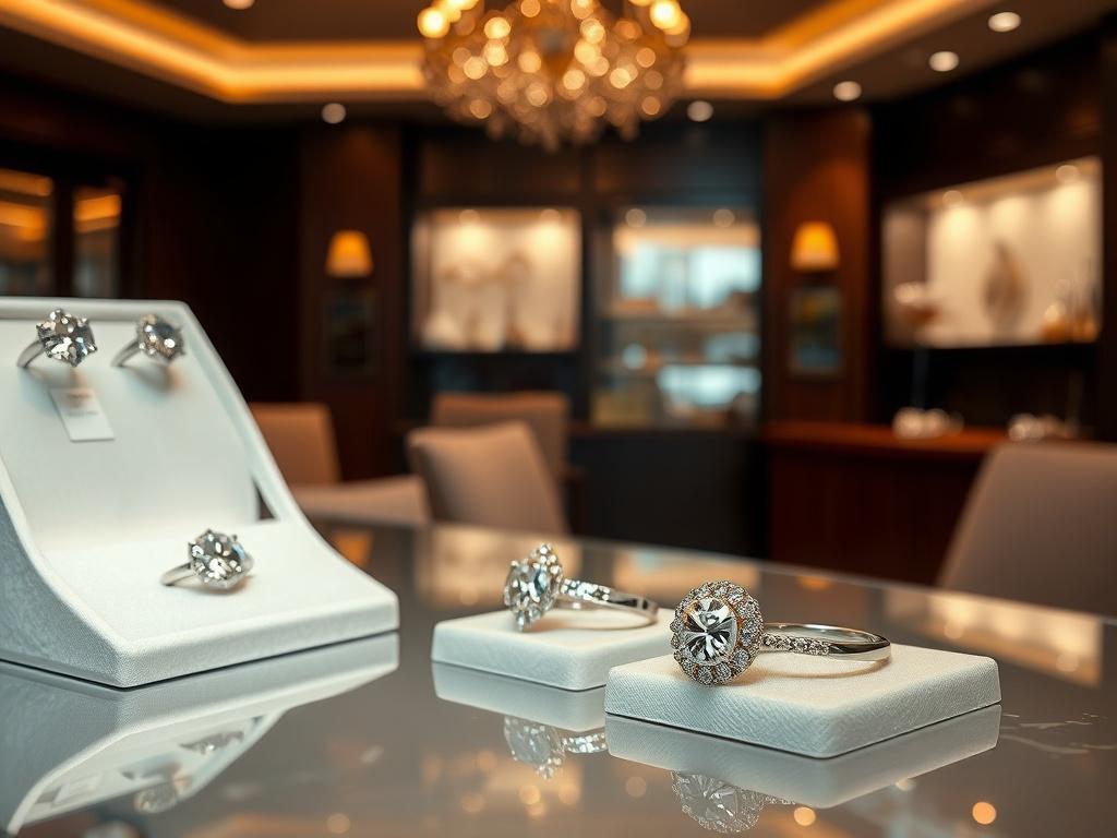 An inviting consultation setting showcasing samples of engagement and wedding rings made from silver and moissanite. The atmosphere should be warm and welcoming, with soft lighting that highlights the beauty of the rings on display.