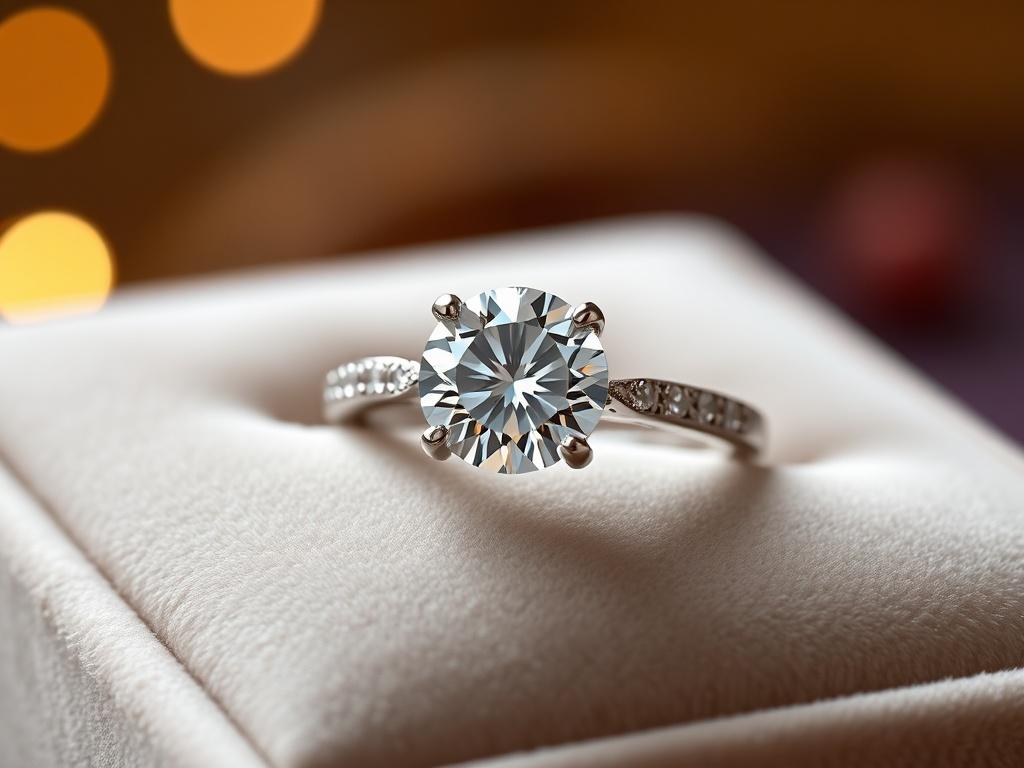 A luxurious silver engagement ring featuring a sparkling moissanite stone, displayed elegantly on a soft velvet surface. The lighting should be warm and inviting, highlighting the brilliance of the moissanite and the intricate details of the ring's design. Background should be softly blurred to keep focus on the ring.