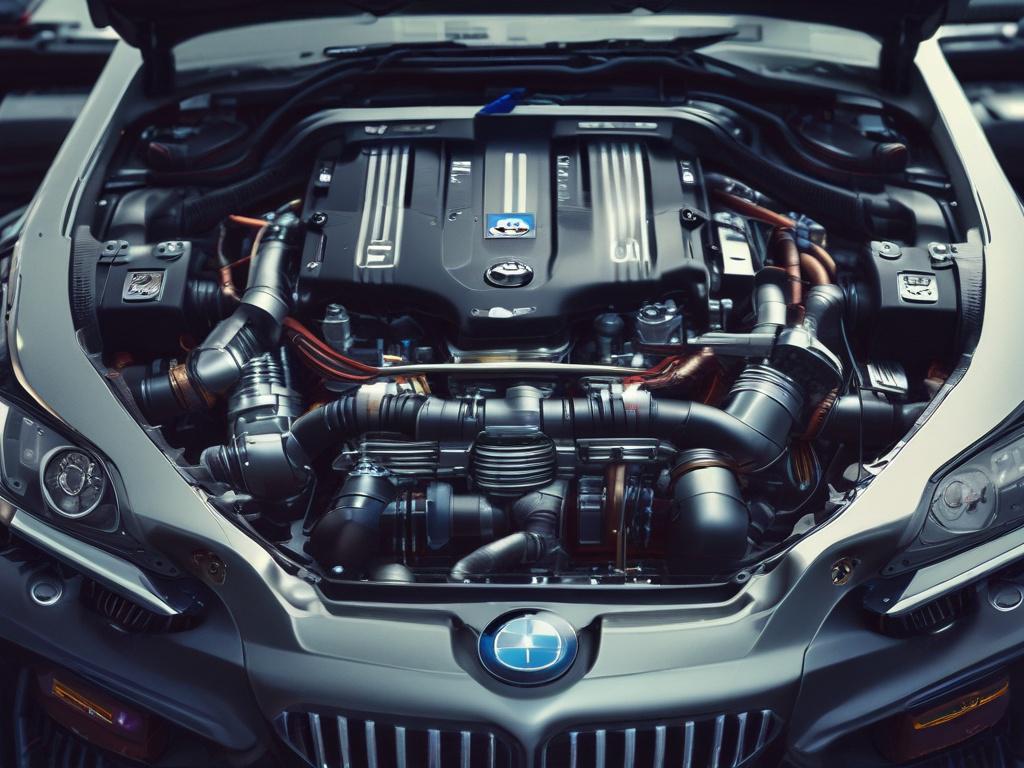 A hyper-realistic close-up shot of a BMW engine bay showcasing intricate electronic components and wiring, with a focus on the engine control unit (ECU) prominently displayed. The background should be softly blurred to emphasize the details of the engine, with a color palette featuring rgb(50, 170, 39). The image should feel dynamic and powerful, capturing the essence of high-performance tuning.
