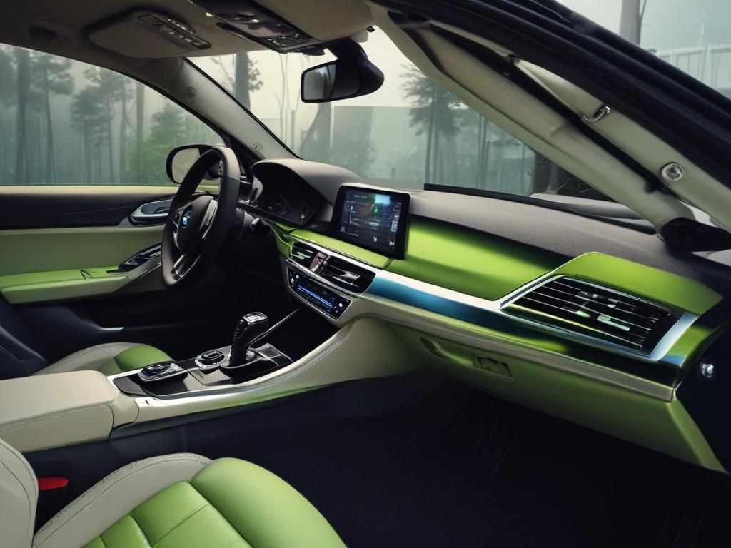 A close-up shot of a BMW interior showcasing bright ambient lighting. The focus is on the dashboard and door panels, illuminated with a vibrant green hue (rgb(50, 170, 39)). The materials are high-quality leather and metal, highlighting the luxury aspect. The background is softly blurred to emphasize the glowing lights, creating a modern and sophisticated atmosphere. The image is shot with a 45mm f/1.2 lens style for a hyper-realistic effect.