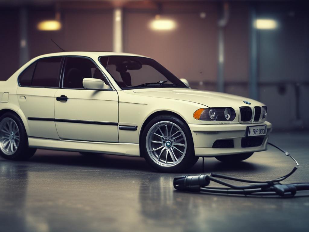 A hyper-realistic close-up shot of a BMW Coding Cable, specifically the OBD2 to RJ45 ENET cable, set against a sleek, modern automotive backdrop. The cable should be prominently displayed, showcasing its quality and design. The colors should be vivid, emphasizing the cable's compatibility with various devices. The background should be softly blurred to keep the focus on the cable, with a color palette that includes rgb(50, 170, 39) as the primary accent.
