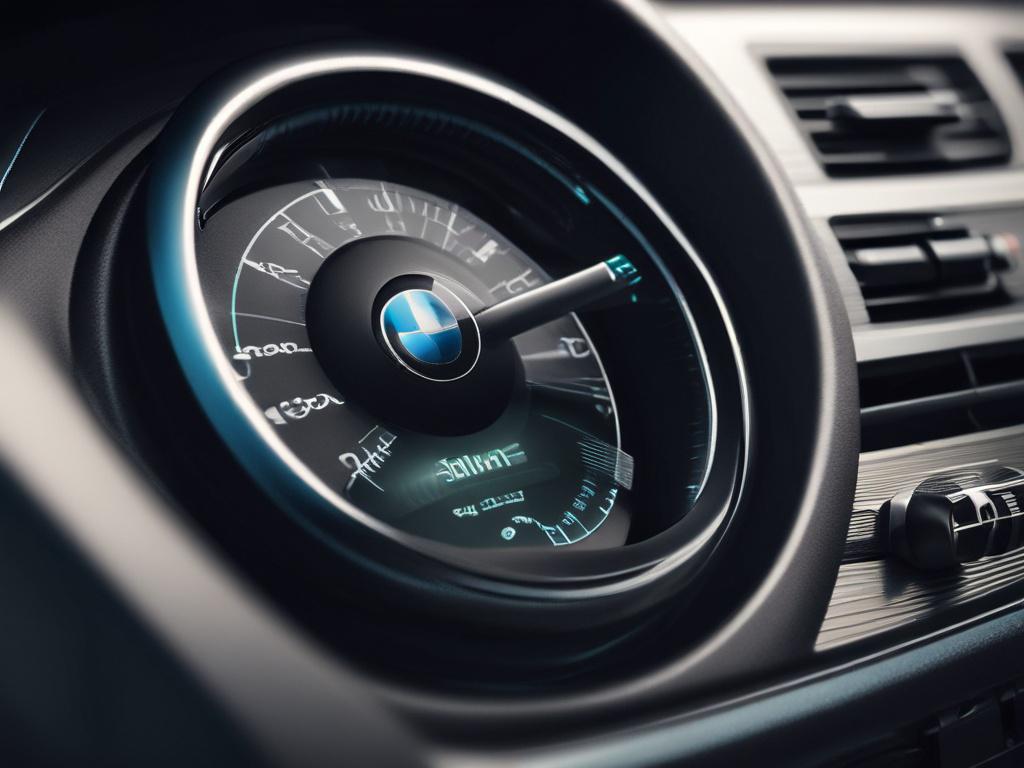 A hyper realistic close up shot of a BMW dashboard