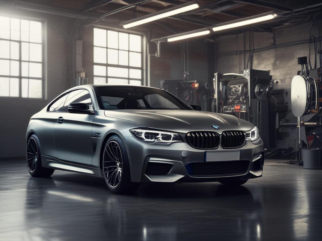 A sleek, high-performance BMW on a dyno, showcasing its power and precision. The car is positioned prominently on the dyno, with the dynamic measurement equipment in the background. The lighting is bold and striking, highlighting the contours of the car and creating deep shadows that emphasize its aggressive stance. The environment conveys a high-tech tuning workshop, with tools and gauges visible to suggest a precision tuning process. The primary color of the image is rgb(50, 170, 39), creating a vibrant a