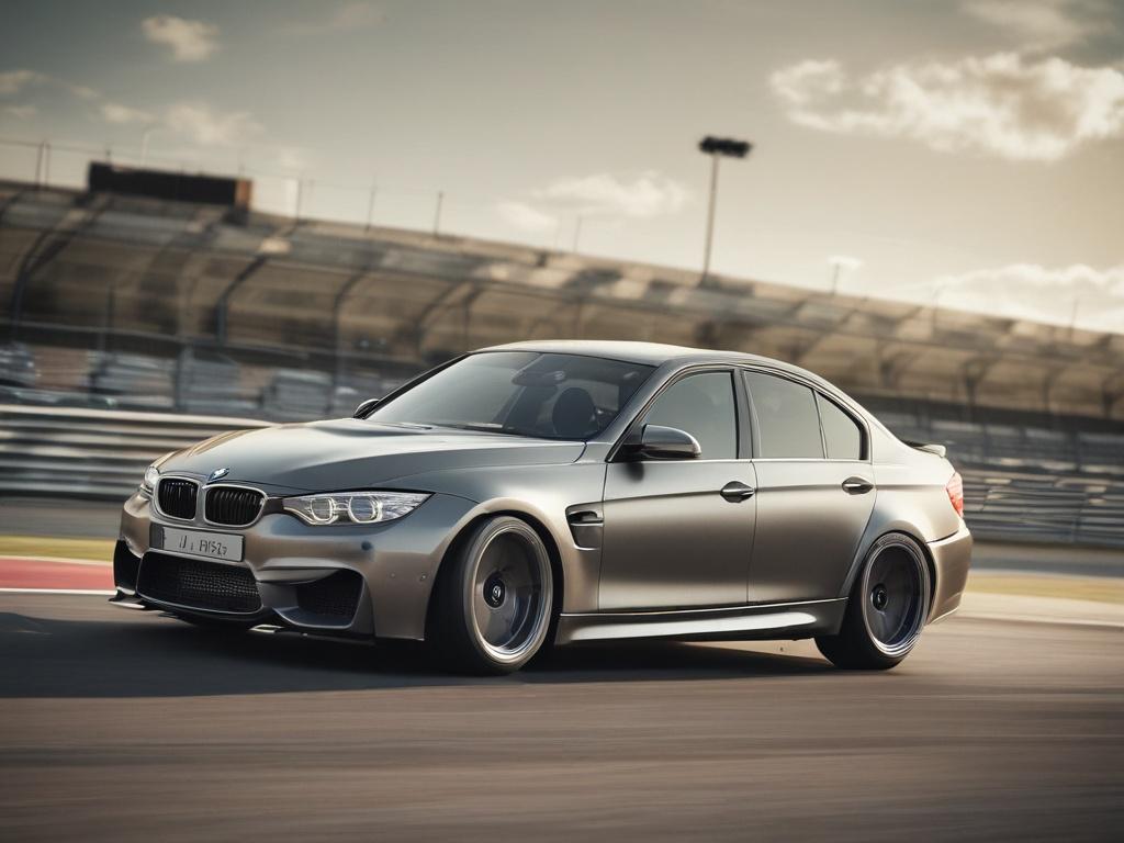 A BMW M3 on a racetrack, captured during a sharp turn, showcasing its dynamic handling and sleek design. The focus should be on the car's aggressive stance and performance features, with a blurred background of the track to emphasize speed. The image should be rendered in hyper-realistic detail, using a 45mm f/1.2 lens style for a close-up shot that highlights the car's unique features. The color scheme should incorporate the primary color rgb(50, 170, 39) to enhance the visual appeal.