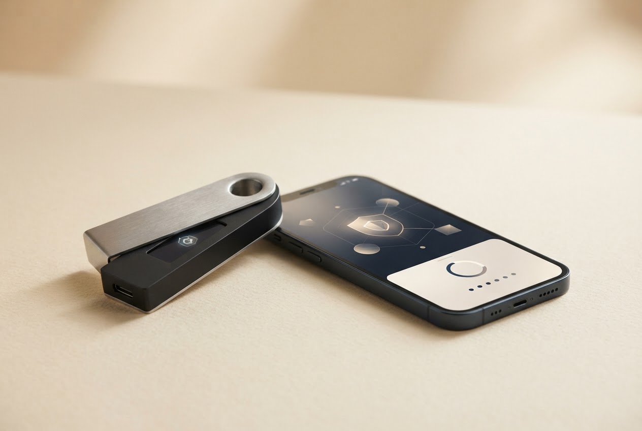 Hardware wallet and smartphone arranged on a warm neutral surface