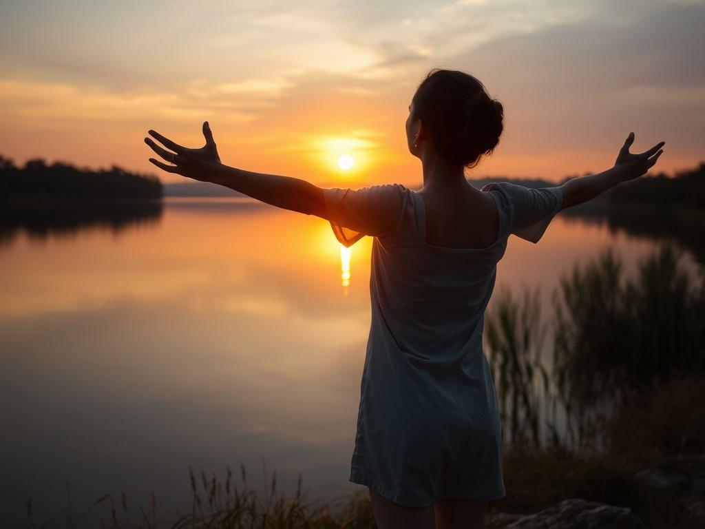 A woman standing by a tranquil lake at sunset, arms