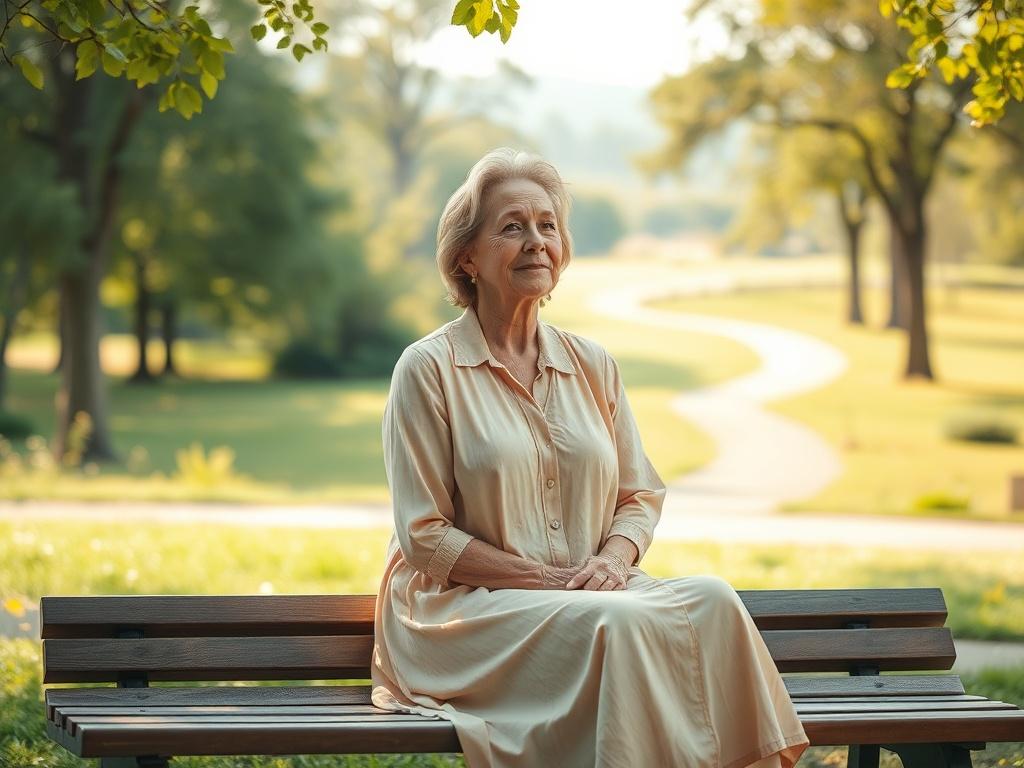 **AI Image Generation Prompt:**

Create a realistic high-resolution photo depicting a serene and reflective scene that embodies the theme of "Embracing Change: Finding Grace in Midlife." The composition should be simple and clear, focusing on a single subject—a middle-aged Christian woman, radiating peace and confidence. 

The woman should be sitting on a wooden bench in a tranquil park setting, surrounded by soft greenery and gentle sunlight filtering through the leaves. She is wearing a light, flowing dre