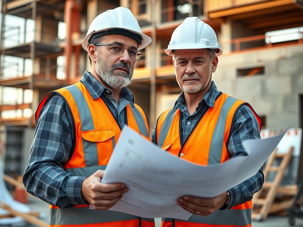 Create a realistic, high-resolution close-up image of a civil engineer contractor actively engaged in a construction project. The subject should be a mid-aged male engineer, wearing a safety helmet and a reflective vest, holding blueprints while inspecting a construction site. The engineer's expression should convey focus and determination, showcasing his expertise and professionalism in the field.

The background should include scaffolding and partially constructed buildings, emphasizing the environment wh