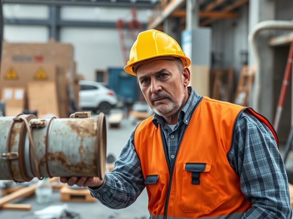 **AI Image Generation Prompt:**
Create a highly detailed, hyper-realistic close-up image that captures the essence of the blog titled "Installation Mishaps to Avoid." The subject of the image should be a frustrated technician inspecting a poorly installed piece of industrial equipment, such as a duct system or piping. The technician should be a middle-aged person wearing a hard hat and safety vest, showcasing a clear expression of concern or confusion.
The background should portray a busy construction sit