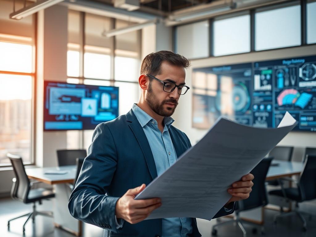 **Prompt for AI Image Generator:**

Create a hyper-realistic, high-resolution photo that visually embodies the concept of operational readiness in engineering projects. The composition should feature a single subject: a skilled engineer or project manager, intently reviewing a detailed project plan or blueprint. The subject should be standing in a modern, well-lit conference room, with their expression conveying focus and determination.

The background should showcase a well-organized workspace with enginee