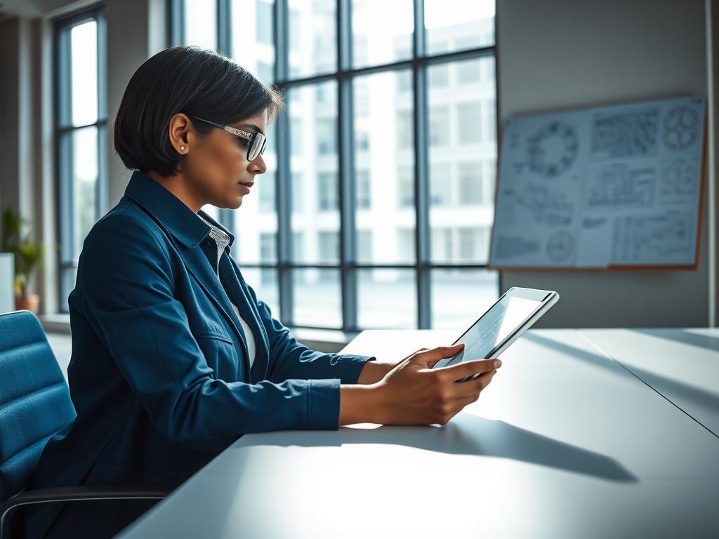 Create a realistic high-resolution photo of a single engineer focused on analyzing data on a digital tablet in a modern office setting. The engineer is a South Asian woman in her early 30s, wearing a smart-casual outfit, with short hair and safety glasses. She is seated at a sleek, minimalist desk with blue and white accents, which provides a professional and contemporary atmosphere. 
In the background, showcase large windows that allow natural light to flood the room, casting subtle shadows and highlighti