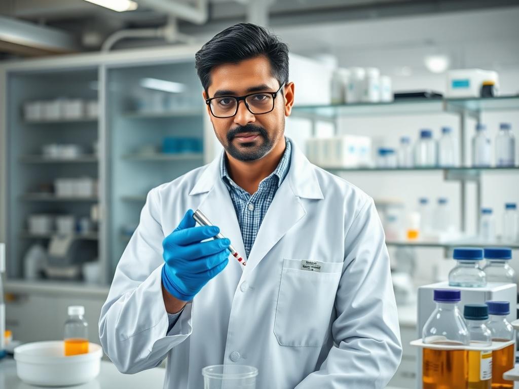 **AI Image Generation Prompt:**

Create a realistic high-resolution photo featuring a focused and engaged quality engineer in a modern pharmaceutical laboratory setting. The engineer, a middle-aged South Asian male, stands confidently at a workbench, wearing a white lab coat, safety glasses, and blue disposable gloves. His expression conveys determination and expertise as he inspects a pharmaceutical product, holding a quality testing instrument in one hand. 

In the background, showcase clean, well-organiz