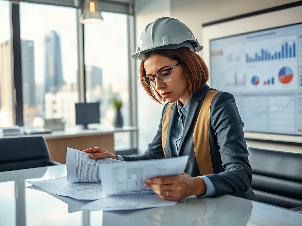 Create a realistic high-resolution photo focusing on a single subject—a confident female engineer in a modern office environment, analyzing blueprints and technical documentation related to capital expenditure (CAPEX) planning for life science facilities. She should have short brown hair, wearing a professional outfit with a safety helmet and safety glasses, to convey her expertise in engineering and facility planning.

The composition should be simple and clear, with the engineer centered in the frame, loo
