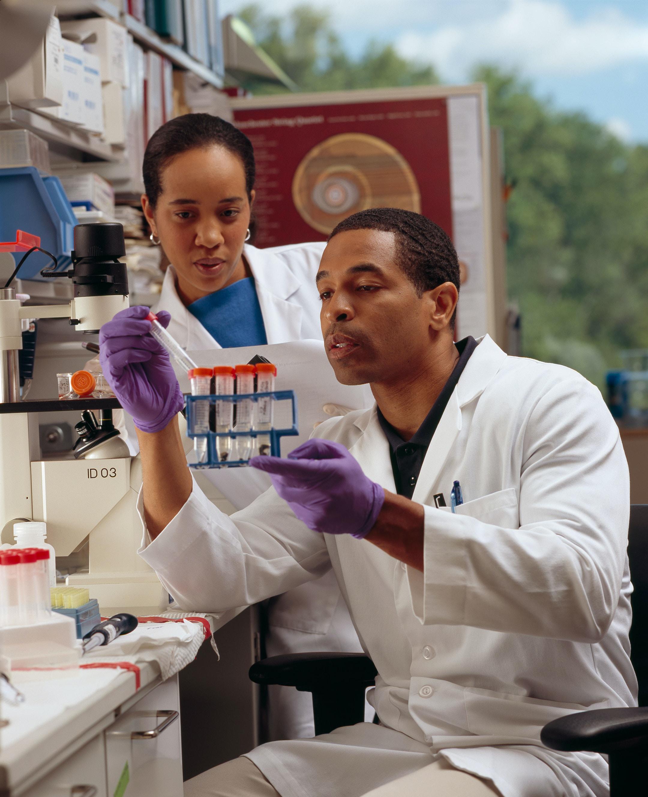 Researcher Checks Test Tubes. An African American male researcher checks test tubes as an AfricanAmerican female cancer researcher looks on.