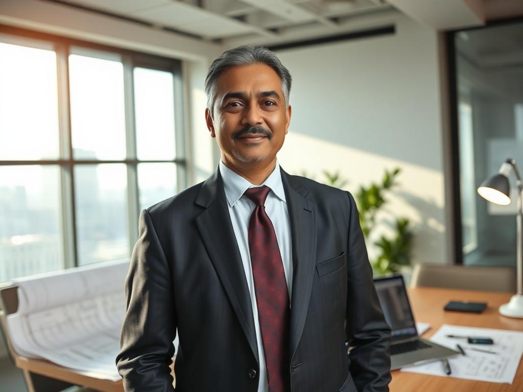 **Prompt for AI Image Generation:**

Create a high-resolution photo featuring a confident and professional engineering consultant in their office environment. The consultant should be a middle-aged South Asian man, wearing business attire, such as a tailored suit and tie. He stands in front of a large, clear window that allows natural light to illuminate the space, symbolizing transparency and clarity in consulting. The background should showcase a modern office with engineering blueprints and technical dra