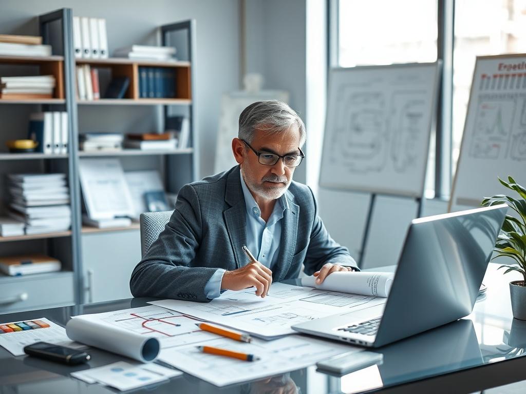 Create a realistic, high-resolution close-up photograph focusing on an experienced engineering consultant deeply immersed in reviewing technical documents. The subject should be a middle-aged professional, dressed in a smart casual outfit, sitting at a sleek, modern desk cluttered with blueprints, engineering tools, and a laptop with a graph displayed on its screen. The consultant's expression should convey concentration and expertise, highlighting the analytical skills required in engineering consulting. 
