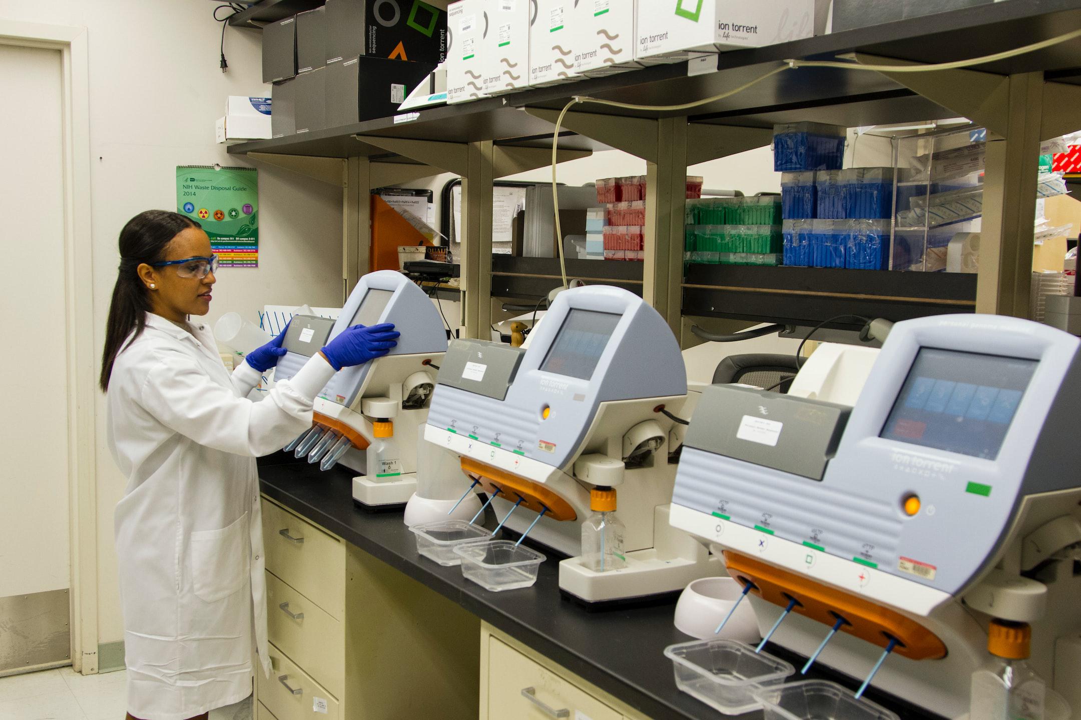 DNA Genotyping and Sequencing. A technician validates genetic variants identified through whole-exome sequencing at the Cancer Genomics Research Laboratory, part of the National Cancer Institute's Division of Cancer Epidemiology and Genetics (DCEG).