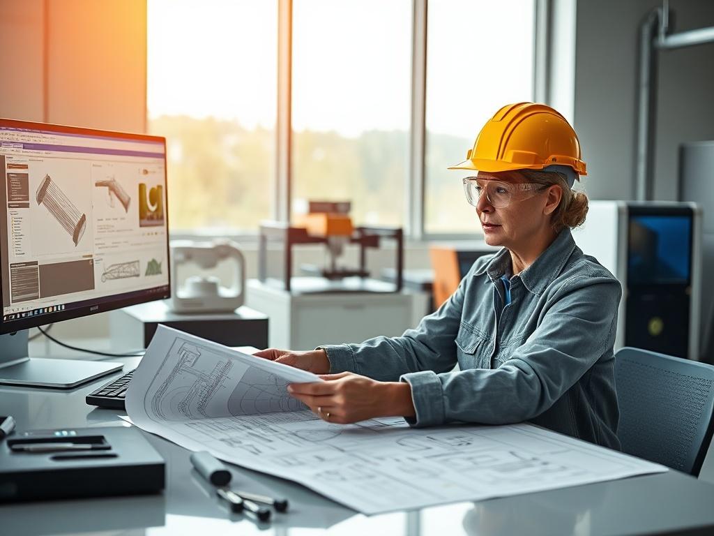 **AI Image Generation Prompt:**
Create a realistic high-resolution photo that captures the essence of "Innovative Engineering Solutions for Modern Challenges." The composition should be simple and clear, focusing solely on a single subject: a skilled engineer at work. The engineer, a middle-aged Caucasian woman, is wearing safety goggles and a hard hat, immersed in examining a complex engineering blueprint spread across a sleek modern workstation. 
In the background, include elements that signify a cuttin