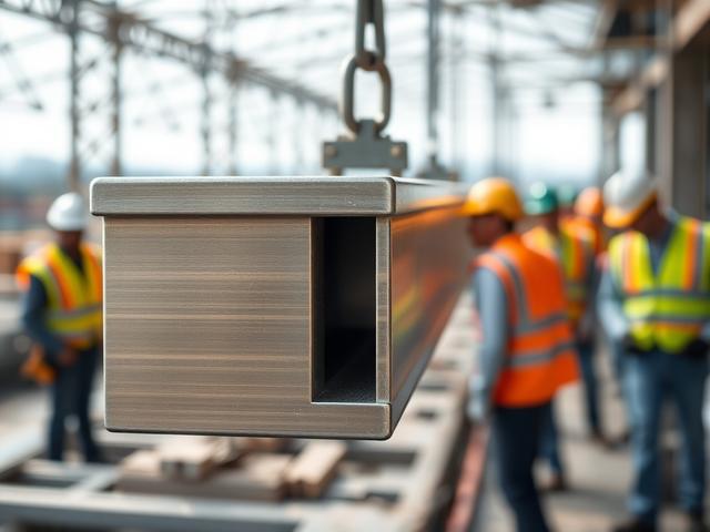 **AI Image Generation Prompt:**

Create a hyper-realistic high-resolution photo featuring a close-up shot of a modern steel beam being installed at a construction site. The beam, gleaming with a polished finish, should dominate the composition. Capture the intricate details of the steel surface, showcasing its texture and strength. Surrounding the beam, include a blurred background of construction workers in safety gear, diligently working to highlight the teamwork involved in maintaining structural integri