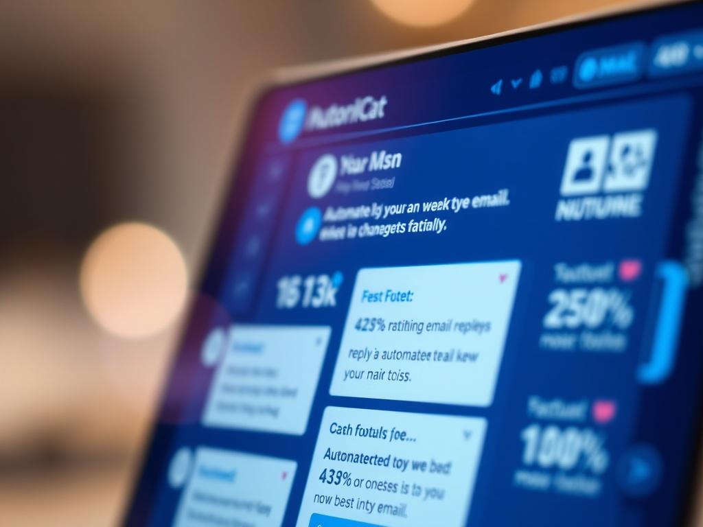 A hyper-realistic close-up of a digital interface illustrating an AI email assistant in action, featuring a sleek design with vibrant blue and white accents, displaying automated email replies and organizational features. The background is softly blurred, emphasizing the technology interface.