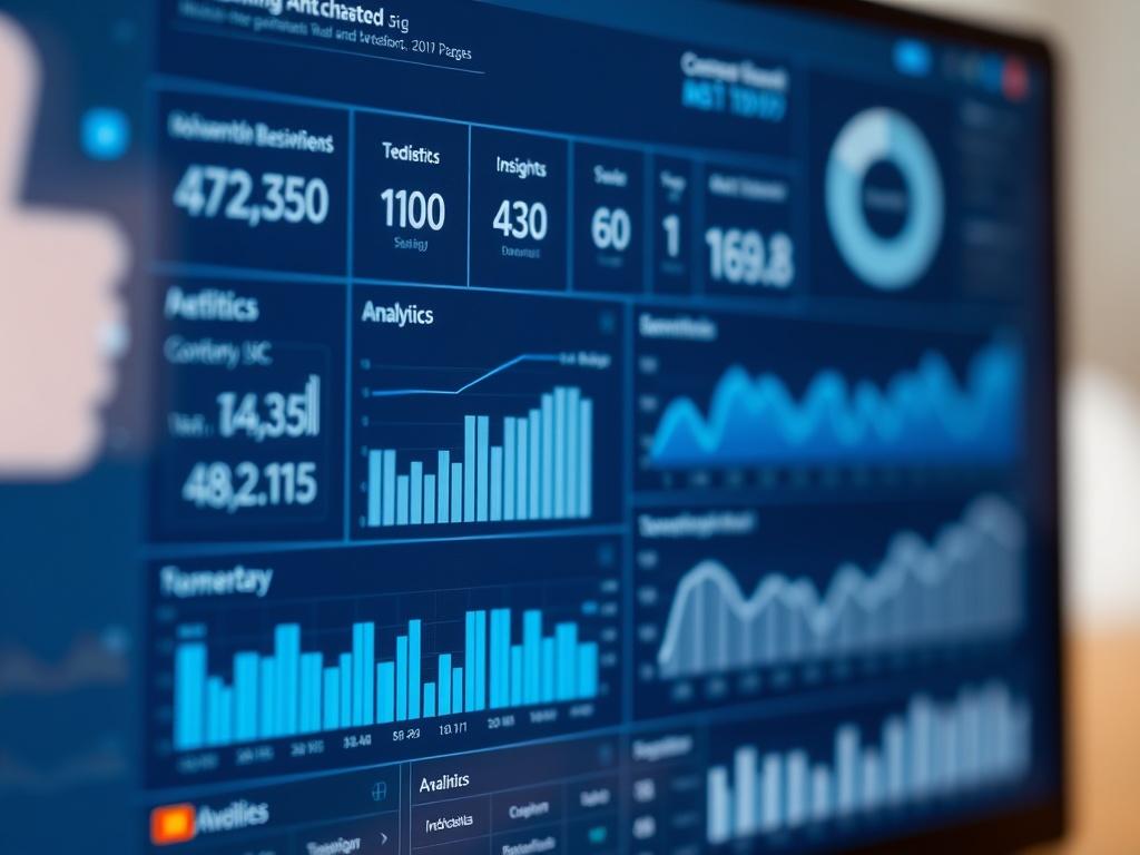 A hyper-realistic close-up of an analytics dashboard displaying metrics and insights for a chatbot, featuring a modern interface with blue and white color scheme. The background should be softly blurred, drawing focus to the data and analytics presented.