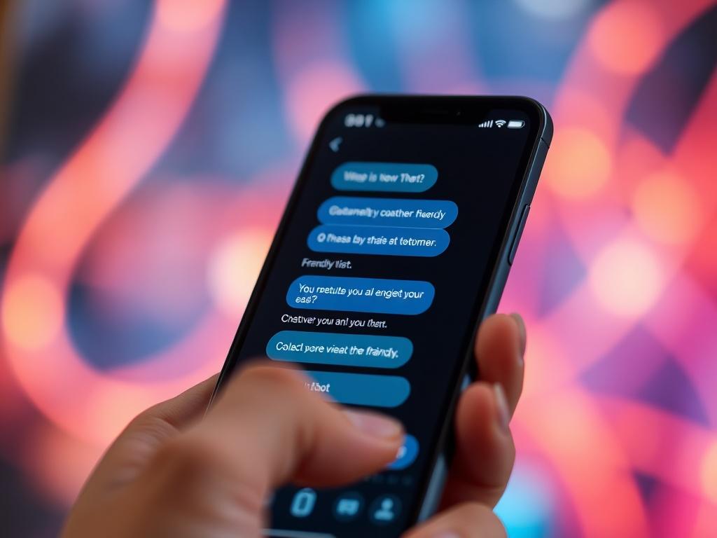 A close-up shot of a smartphone with a chatbot interface displayed, showing a friendly conversation between a customer and the AI. The background should be vibrant and engaging, highlighting the modernity of digital communication.