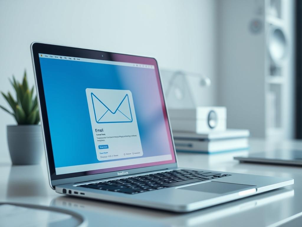 A close-up shot of a modern workspace featuring a laptop displaying an email application, with a soft blue and white color scheme. The background should be minimalistic and blurred to emphasize the laptop and its screen, evoking a sense of productivity and efficiency.