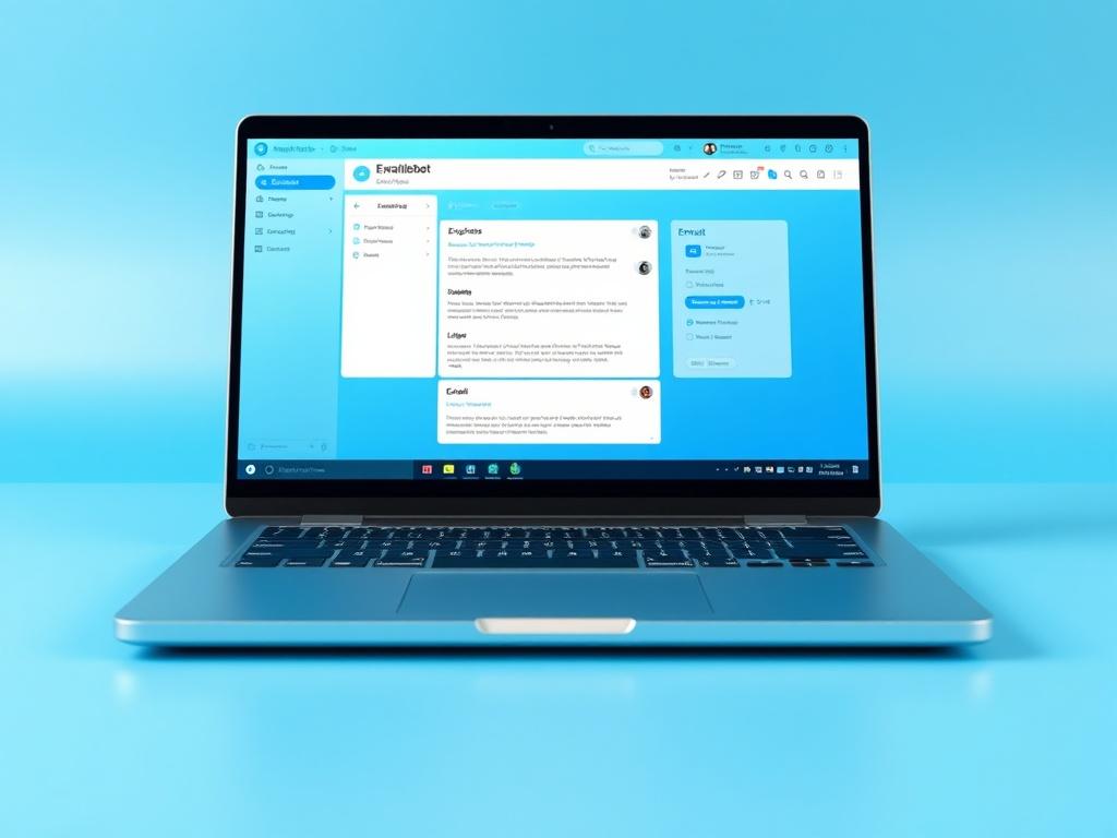 A close-up shot of a modern laptop displaying an AI chatbot interface, with a clean and minimalistic design. The background is softly blurred to emphasize the laptop and the vibrant blue color scheme. The focus is on the screen showing the emailbot in action, with clear and organized email replies, showcasing the efficiency and productivity enhancements. Use hyper-realistic rendering to highlight details of the laptop and the chatbot interface.