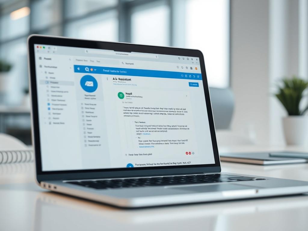 A close-up shot of a modern office workspace with a laptop displaying an email interface, showcasing an AI email assistant in action. The background is softly blurred, focusing on the laptop screen. The color scheme incorporates shades of blue and white, creating a sleek and professional atmosphere.