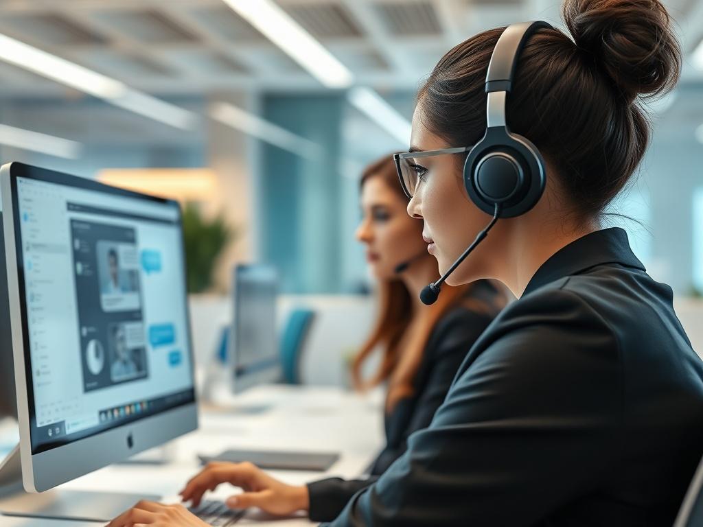A hyper-realistic close-up of a customer service representative interacting with an AI chatbot on their computer screen. The setting is a bright and modern office, with blue and white accents in the decor, reflecting a professional and tech-savvy environment.