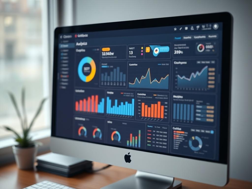 A hyper-realistic close-up of a computer screen displaying a Chatbase dashboard filled with analytics and performance metrics. The background should be softly blurred to emphasize the screen and its vibrant colors. Focus on the clarity of the data visualization, showcasing graphs and charts that represent chatbot interactions and customer engagement. Use a 45mm f/1.2 lens style to highlight details.