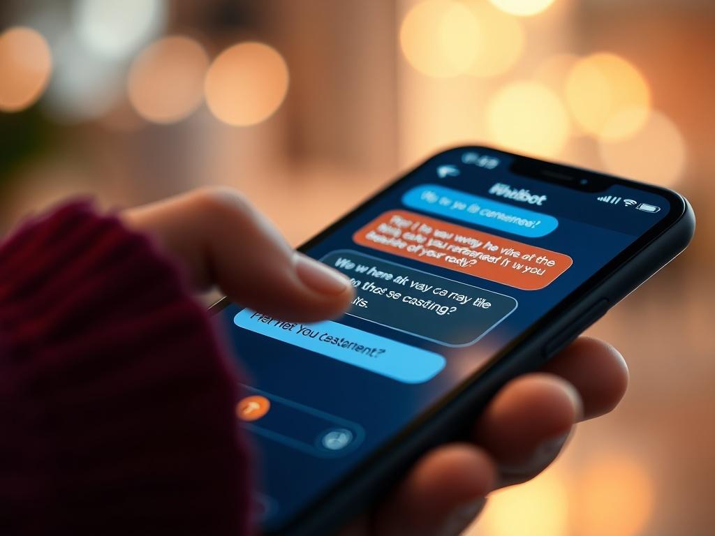 A hyper-realistic close-up of a smartphone displaying an AI chatbot conversation, showcasing a friendly and engaging interaction. The background is softly blurred to focus on the phone and the chatbot interface, with vibrant colors that reflect the brand's identity. Highlight the conversational elements, demonstrating the chatbot's human-like responses to customer inquiries. Use a 45mm f/1.2 lens style to emphasize clarity and detail.