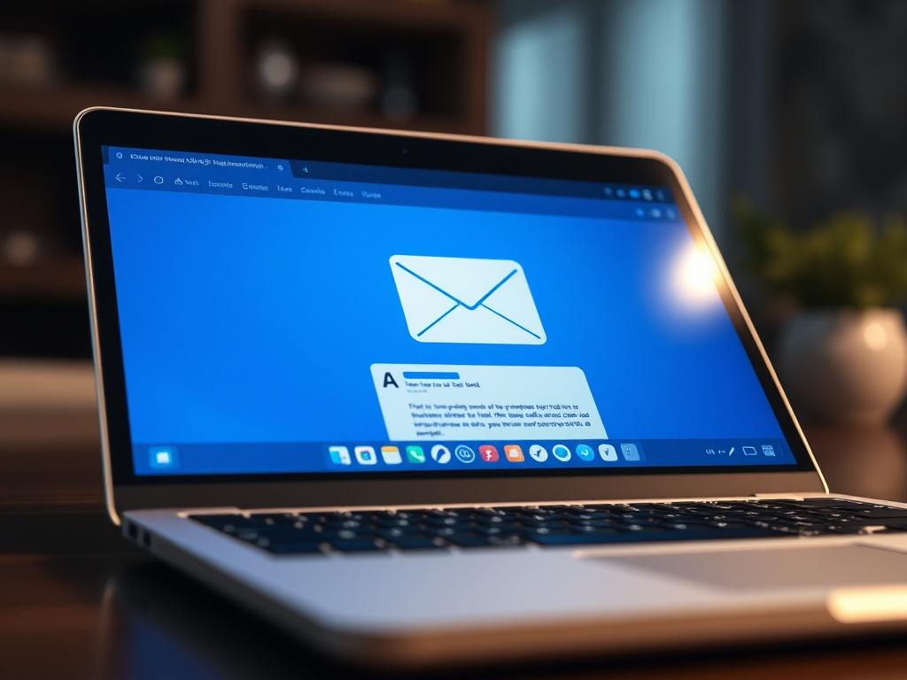 A close-up shot of a sleek, modern laptop displaying an email interface with AI features visible on the screen. The background should be softly blurred, emphasizing the laptop and its screen. The color scheme should incorporate the primary blue (#062767) with white elements, creating a clean and professional look.