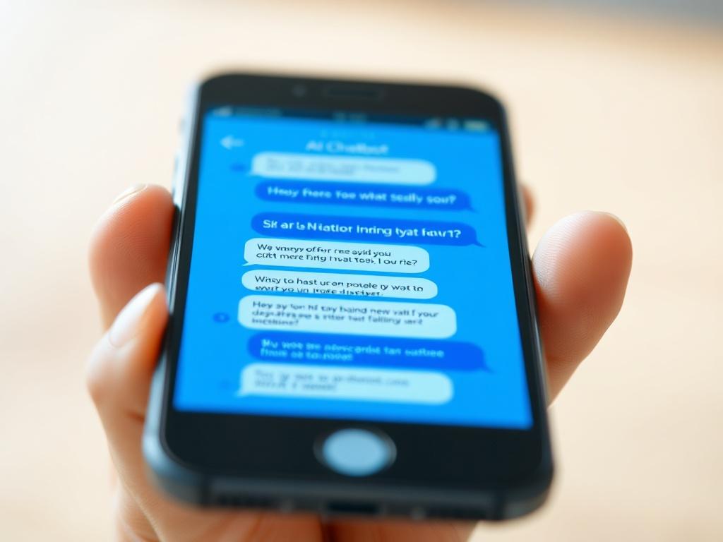 A close-up shot of a smartphone displaying a chat interface with an AI chatbot responding to customer inquiries. The background should be softly blurred to keep focus on the phone and the chat bubbles. The color scheme should feature the primary blue (#062767) with white accents, reflecting a modern and user-friendly design.